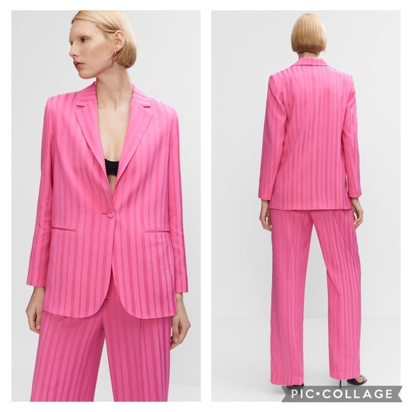 Mango Fuschia Pink Satin Striped Straight Flowy Blazer Size S - Picture 13 of 16